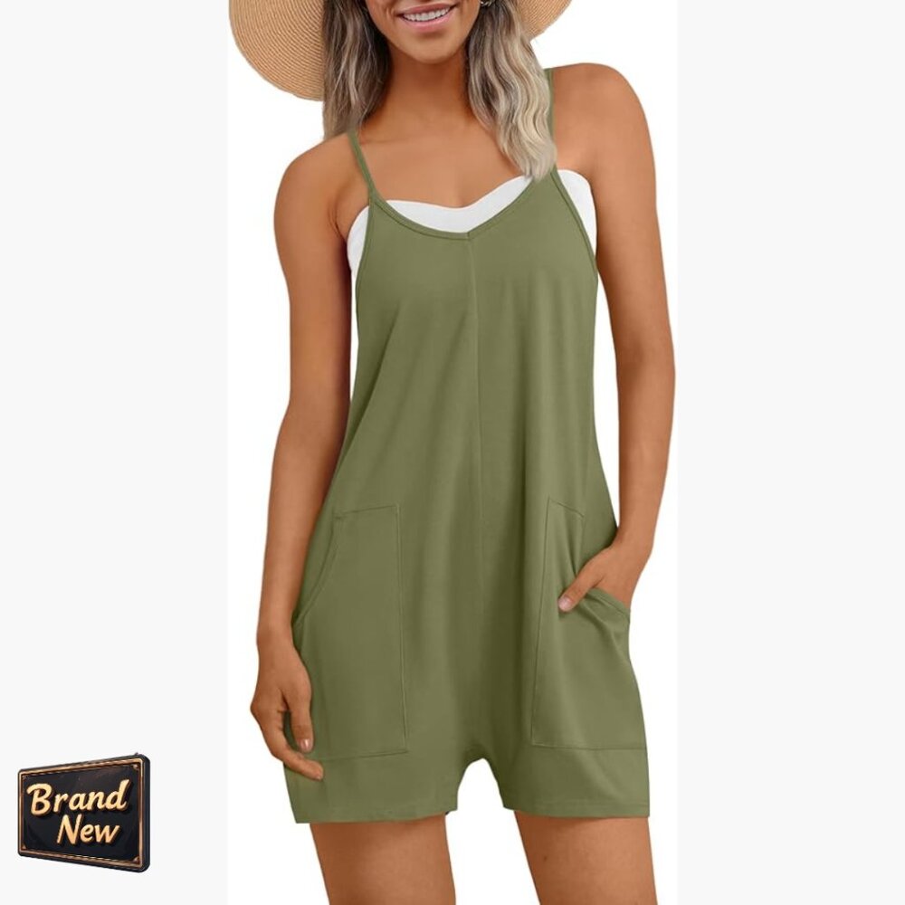 Women's Cotton Romper Shorts Jumpsuit V-Neck Spaghetti Strap Casual Summer